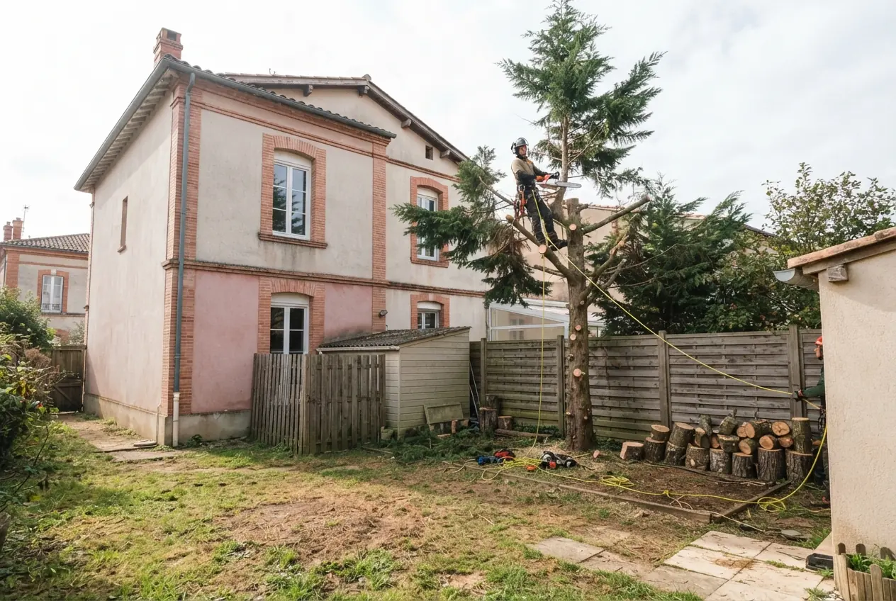Abattage sécurisé dans un jardin de Bressols