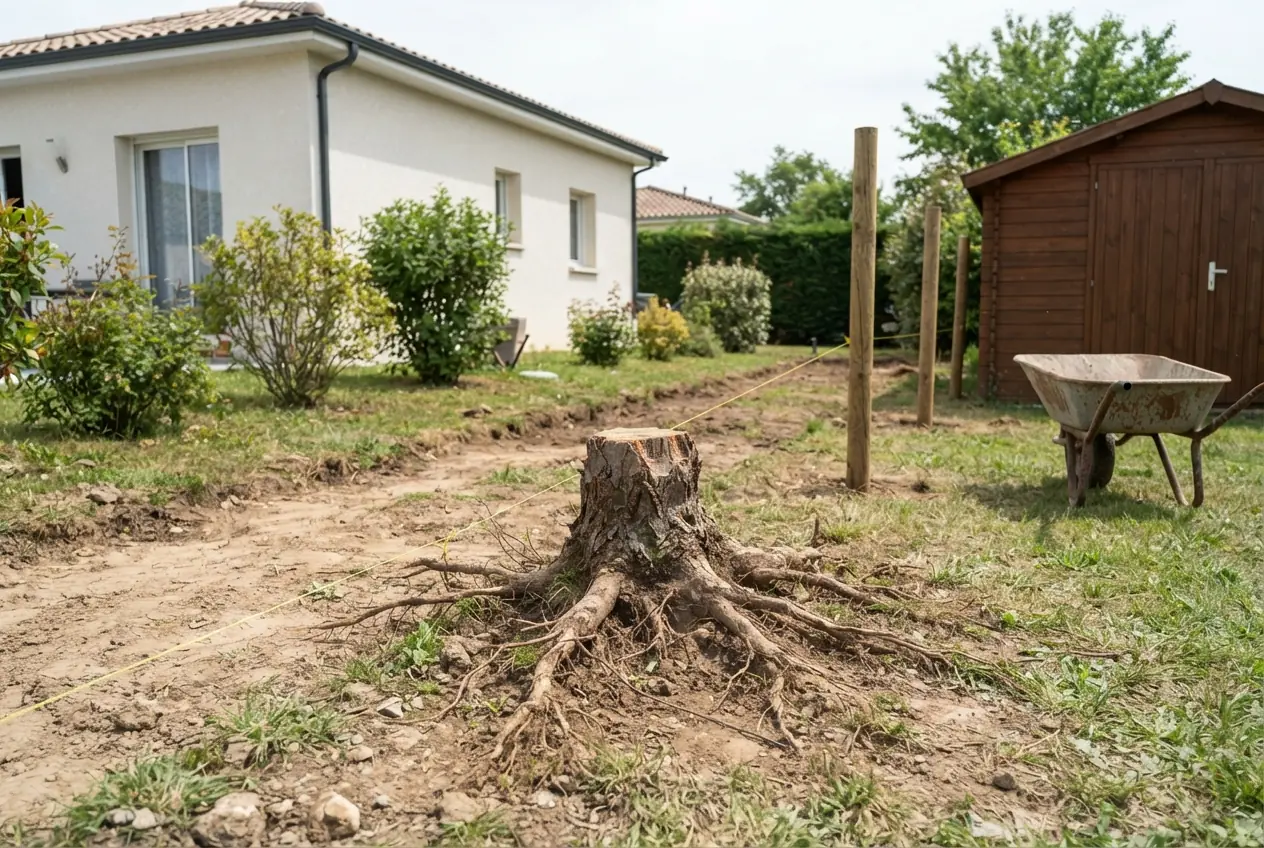 Souche et racines avant travaux de clôture à Bressols