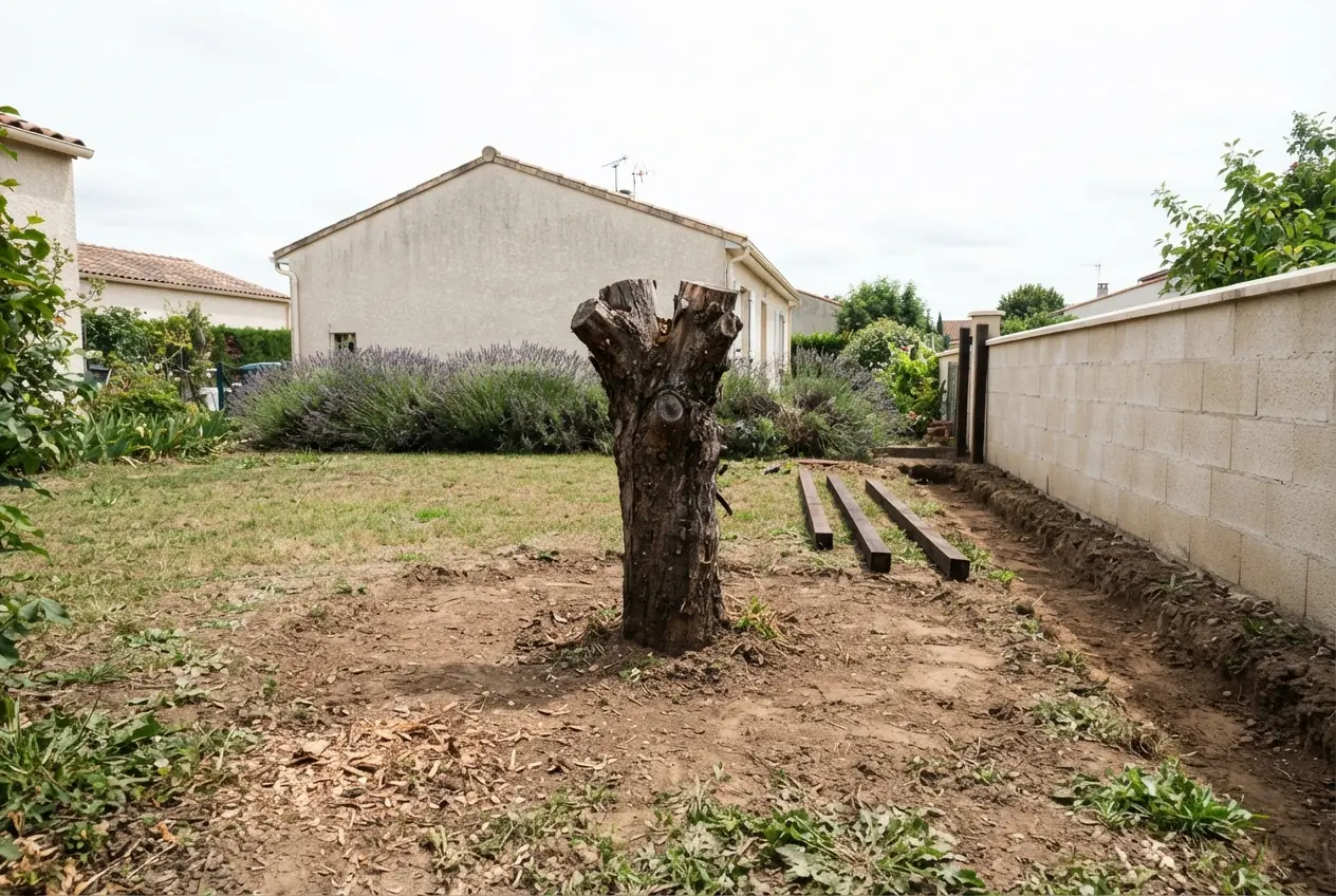 Souche gênante avant rognage dans un jardin de Montauban
