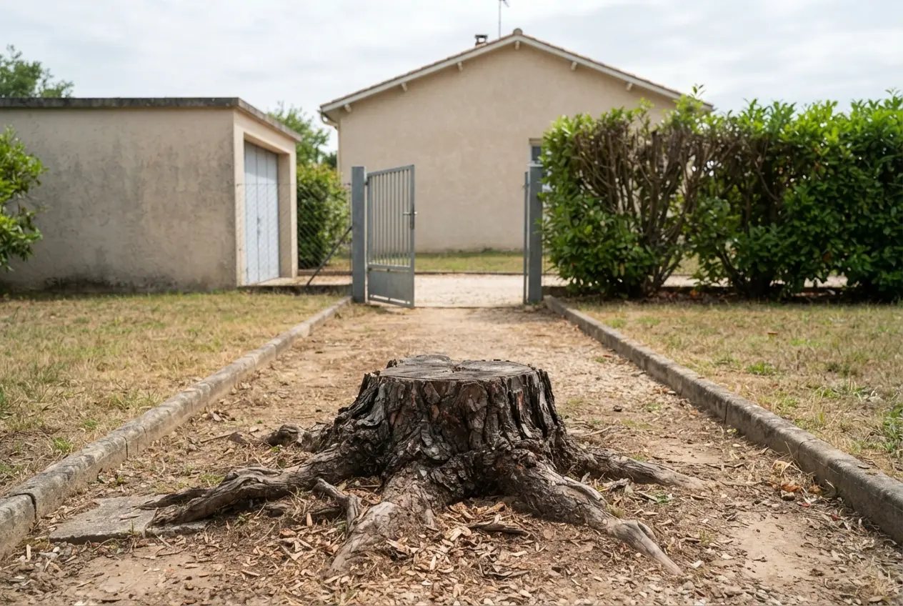 Souche de pin avant dessouchage dans un jardin de Villemade