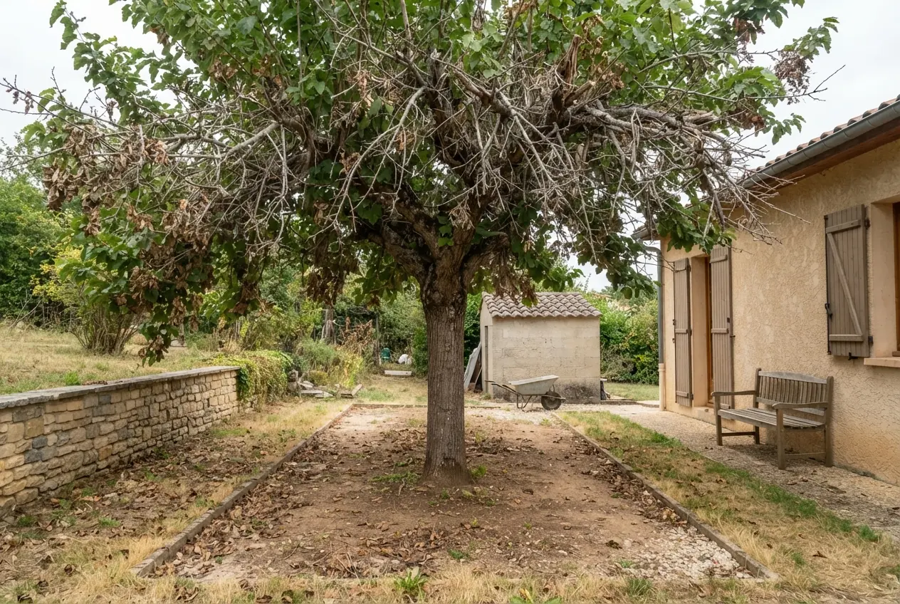 Platane dense avant élagage dans un jardin de Corbarieu