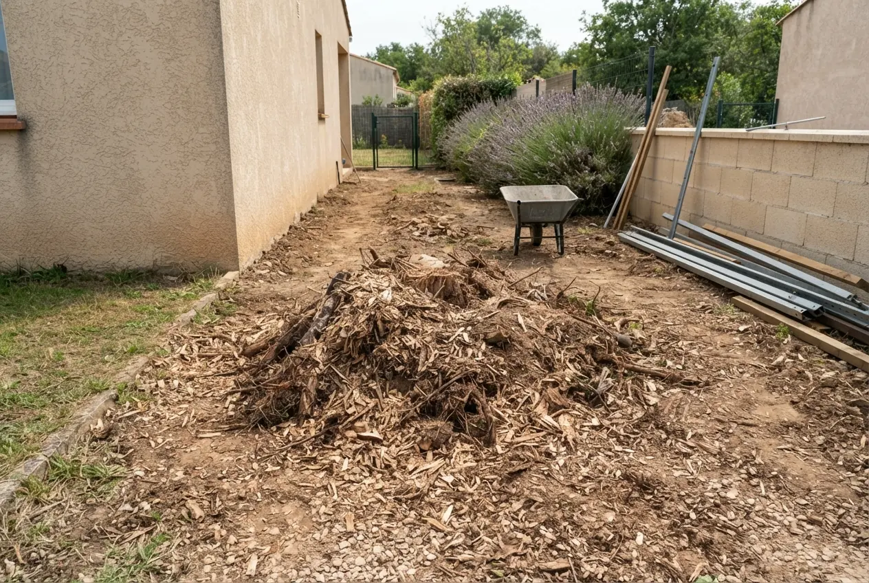 Avant chantier branches broyées après taille complète à Villemade