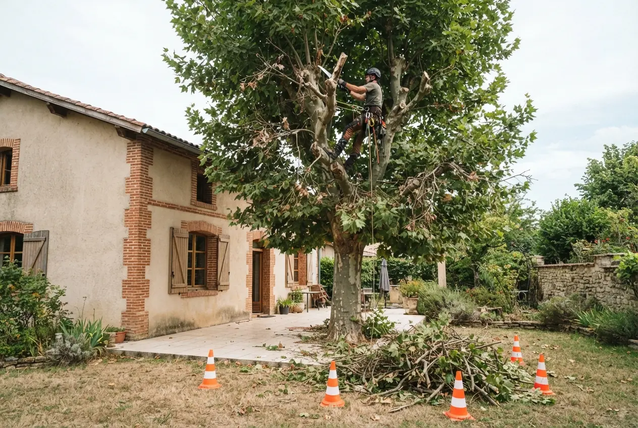 Élagueur taillant un arbre à Bressols