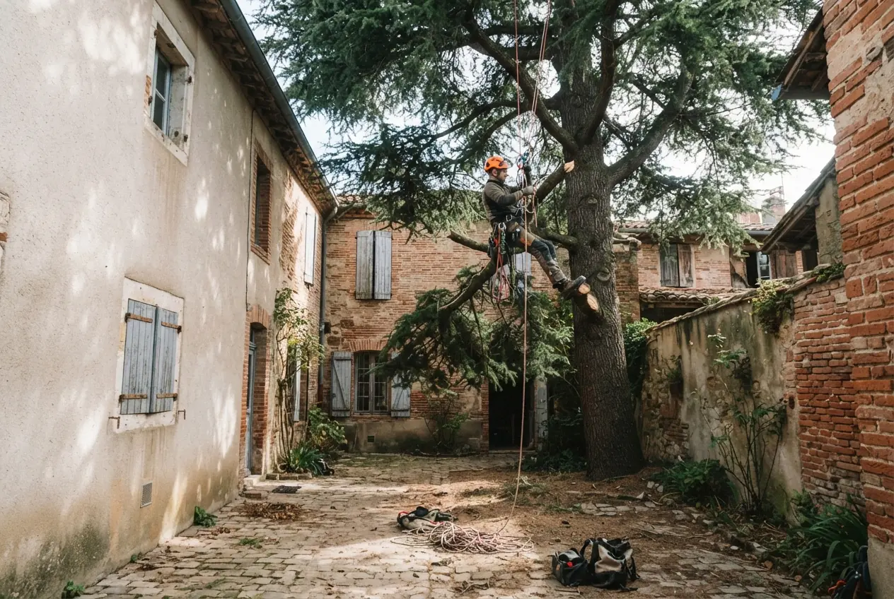 Élagueur grimpeur dans un arbre à Bressols