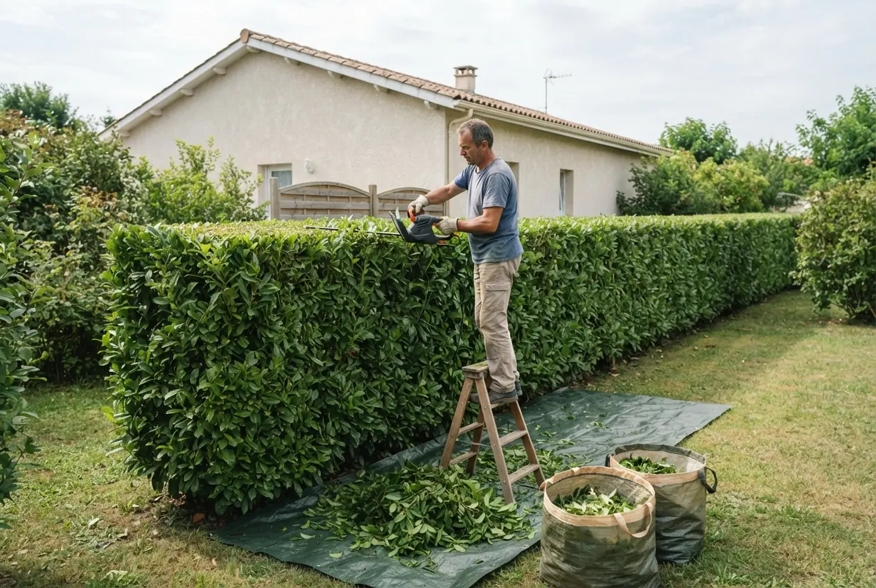 Taille de haie devant une maison à Bressols